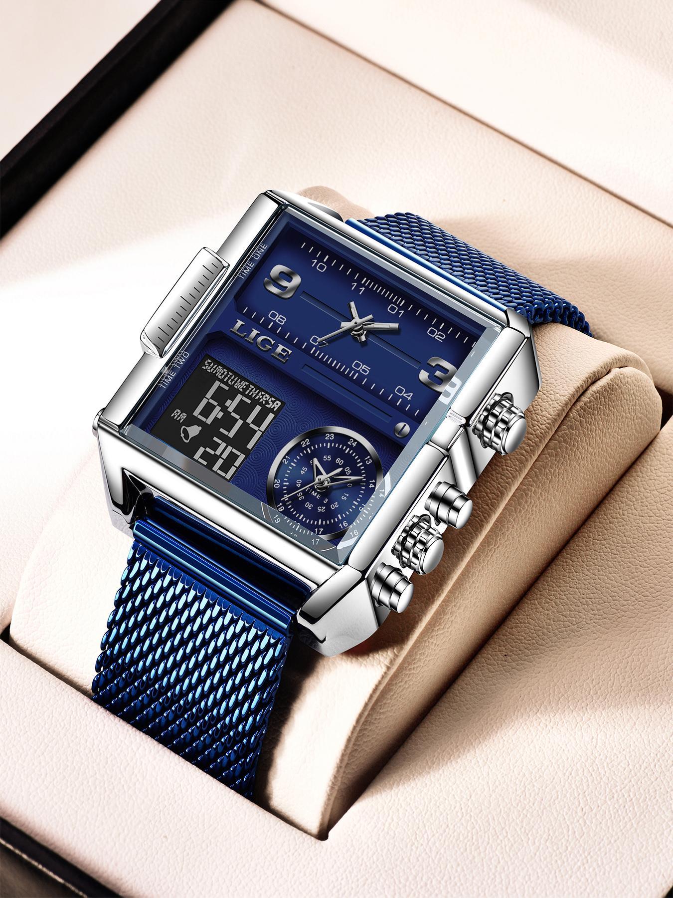 Men's Square Design Multifunctional Digital Quartz Watch, Modern Fashionable Wristwatch, Square Dial Wristwatch, Fashion Waterproof Watch for Party, Daily Decor, Trendy All-match & Exquisite Watch for Birthday Gift with Box
