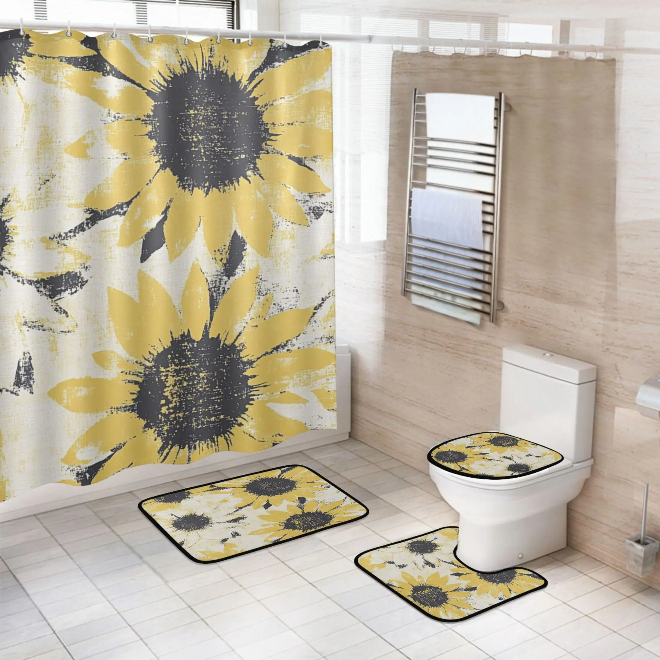 Yellow and White Sunflower Print 4-Piece Bathroom Set - 1pc Hanging Resistant Waterproof Shower Curtain, Non-Slip Bath Mat, U-Shaped Mat, Toilet Lid Cover