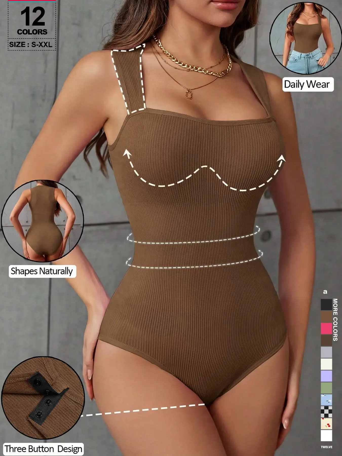 Women's Square Neck Sleeveless Spaghetti Strap Romper, Button Closure Waist Cinch, Butt Lift Compression, Full Body Shaping Shapewear, All Seasons Casual Wear