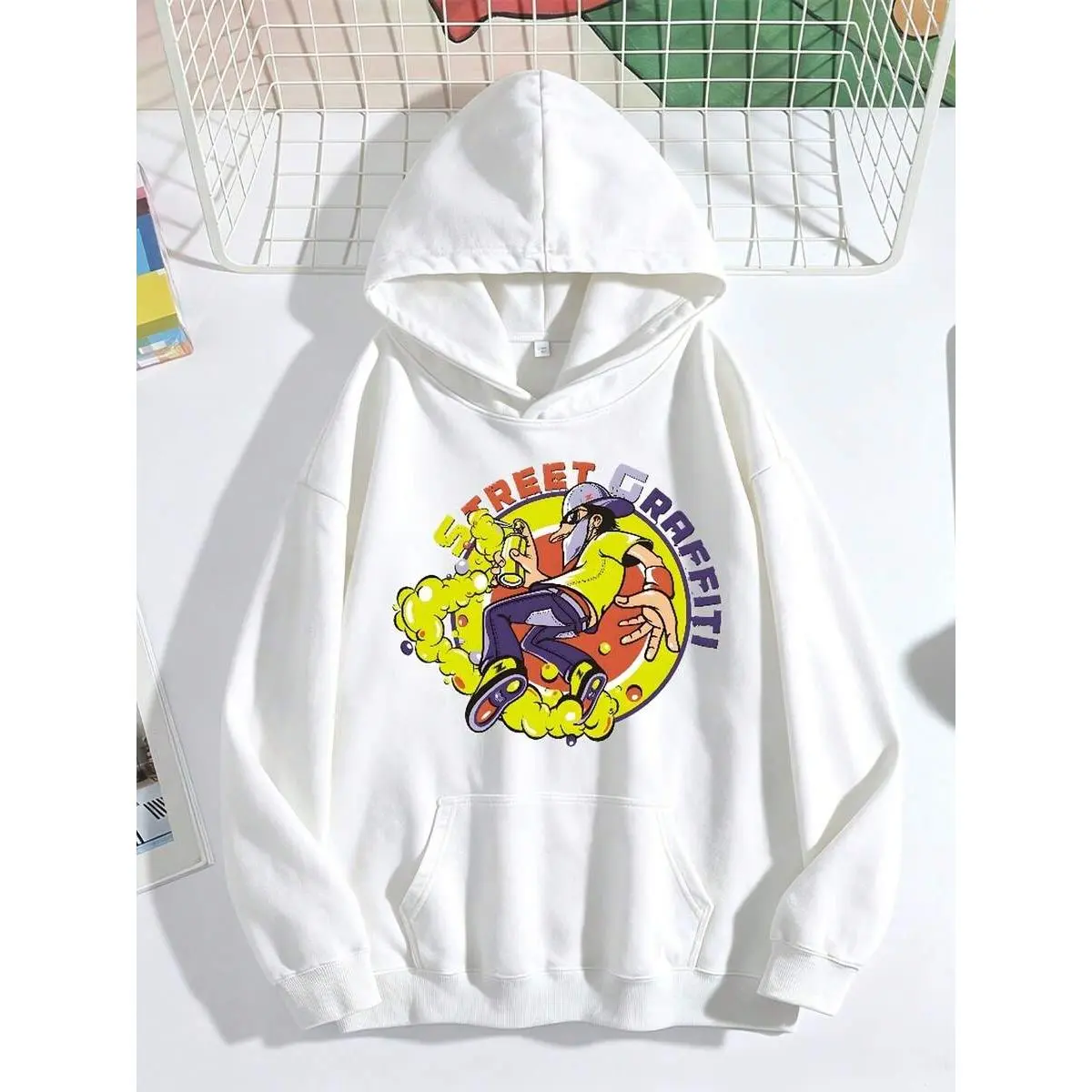 Women's Casual Pullover-Street Graffiti Animated Character Skater Hoodie - Colorful Graphic Print With Purple Cap And Yellow Clouds, Casual Oversized