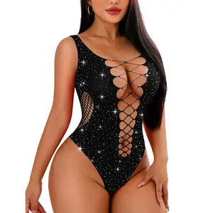 Avidlove Rhinestone Bodysuit Tops Sparkle Fishnet Lingerie Sexy Outfit for Women Mesh Body Suit Teddy Lingeries