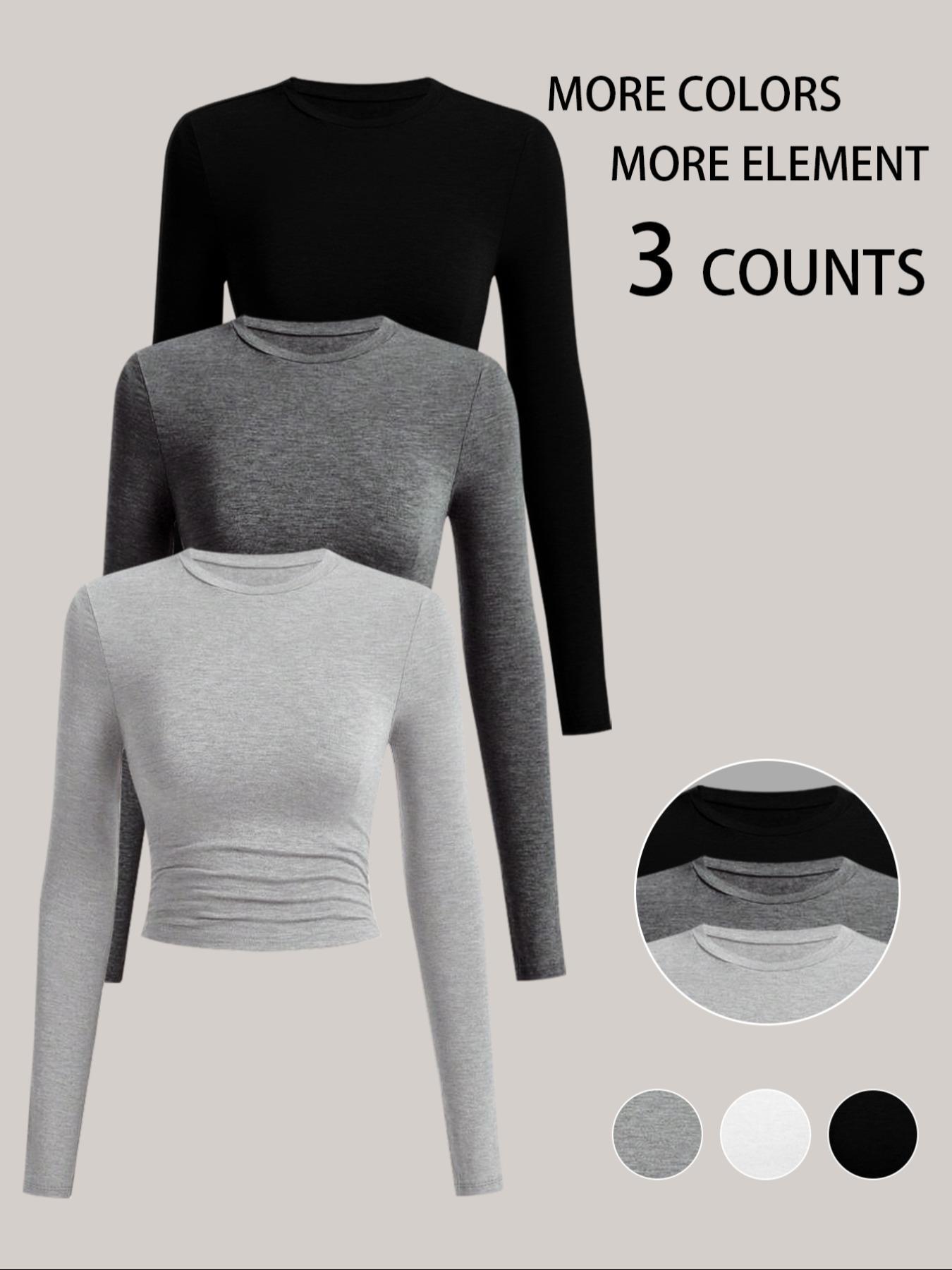 Women's Autumn Winter Casual Slim-Fit Long Sleeve T-Shirt Set, Side Ruched Design, Three-Piece Fashion Top for Daily Wear