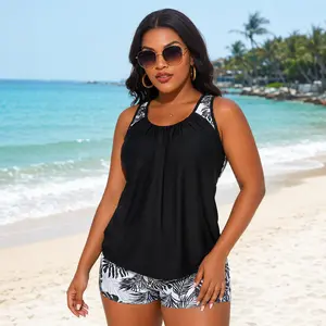 BeachRipple Swim 2026 New Women’s Plus Size Tankini Set Loose Fit Scoop Neck Tank Top with Printed Boyshorts Beach Pool Swimwear plus size swimsuits