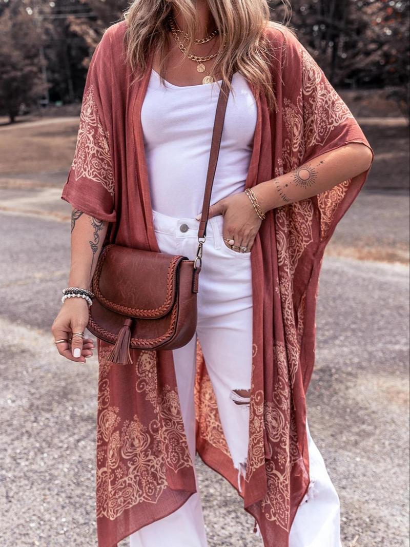 Women's Ethnic Pattern Kimono, Casual Open Front Cover Up for Beach Vacation, Ladies Clothes for Spring & Fall