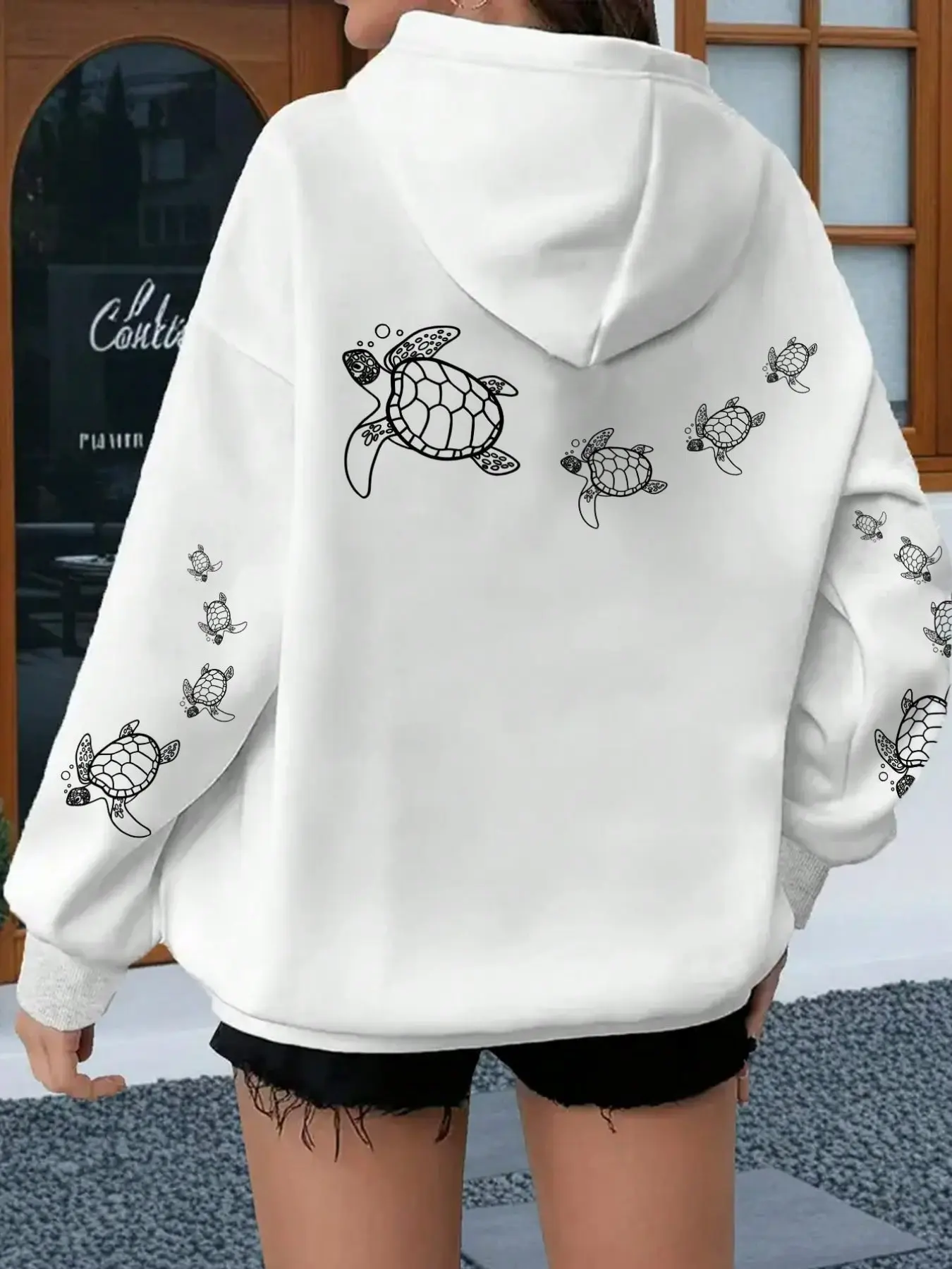 Women's Turtle Print Hoodie, Dual-Sided Line Turtle Pattern, Loose Fit, Casual Style, Fall & Winter, Ocean Vacation Fashion Top, Casual Hooded Sweatshirts