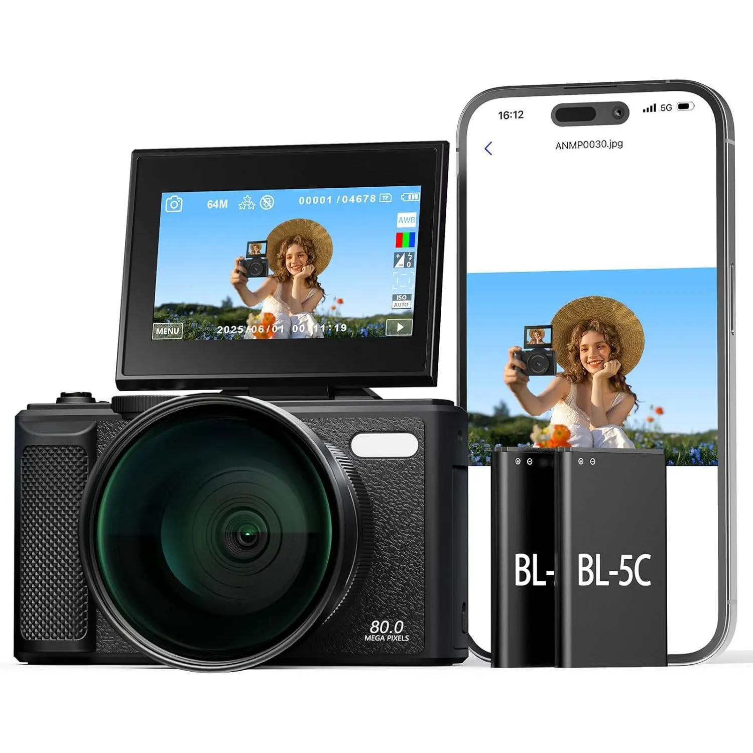 5K  Digital Camera for Photography, 80MP Autofoucs Vlogging Camera for YouTube with 3" 180° Flip Screen, 18X Digital Zoom Travel Camera for Beginner, Teens with 64GB Memory Card & 2