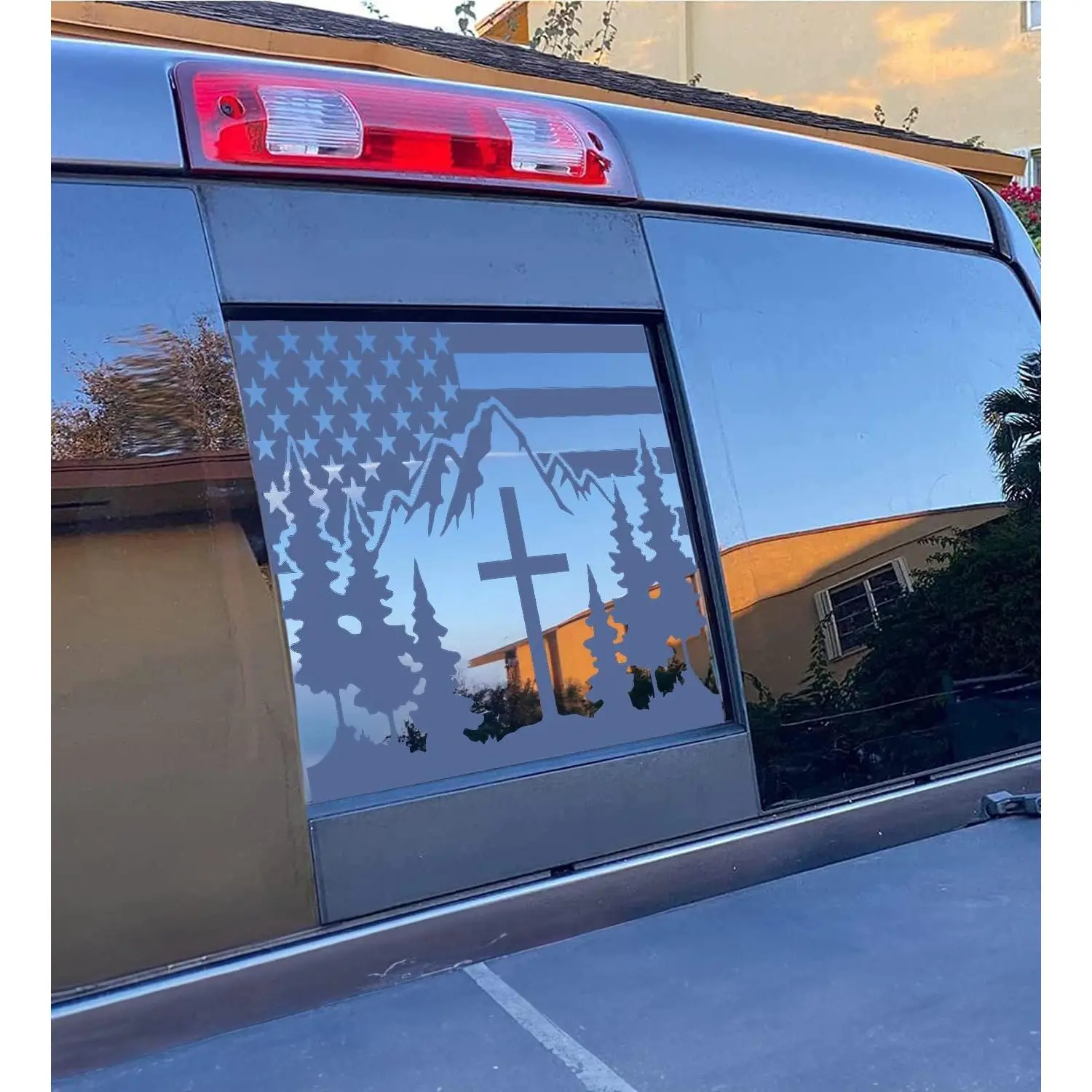 Precise Cut Rear Window Decal for Chevy/GMC Silverado Sierra 2019-2026, Matte Vinyl Truck Sticker with American Flag Cross Mountain Forest Scene, Exterior Sliding Back Glass Accessory