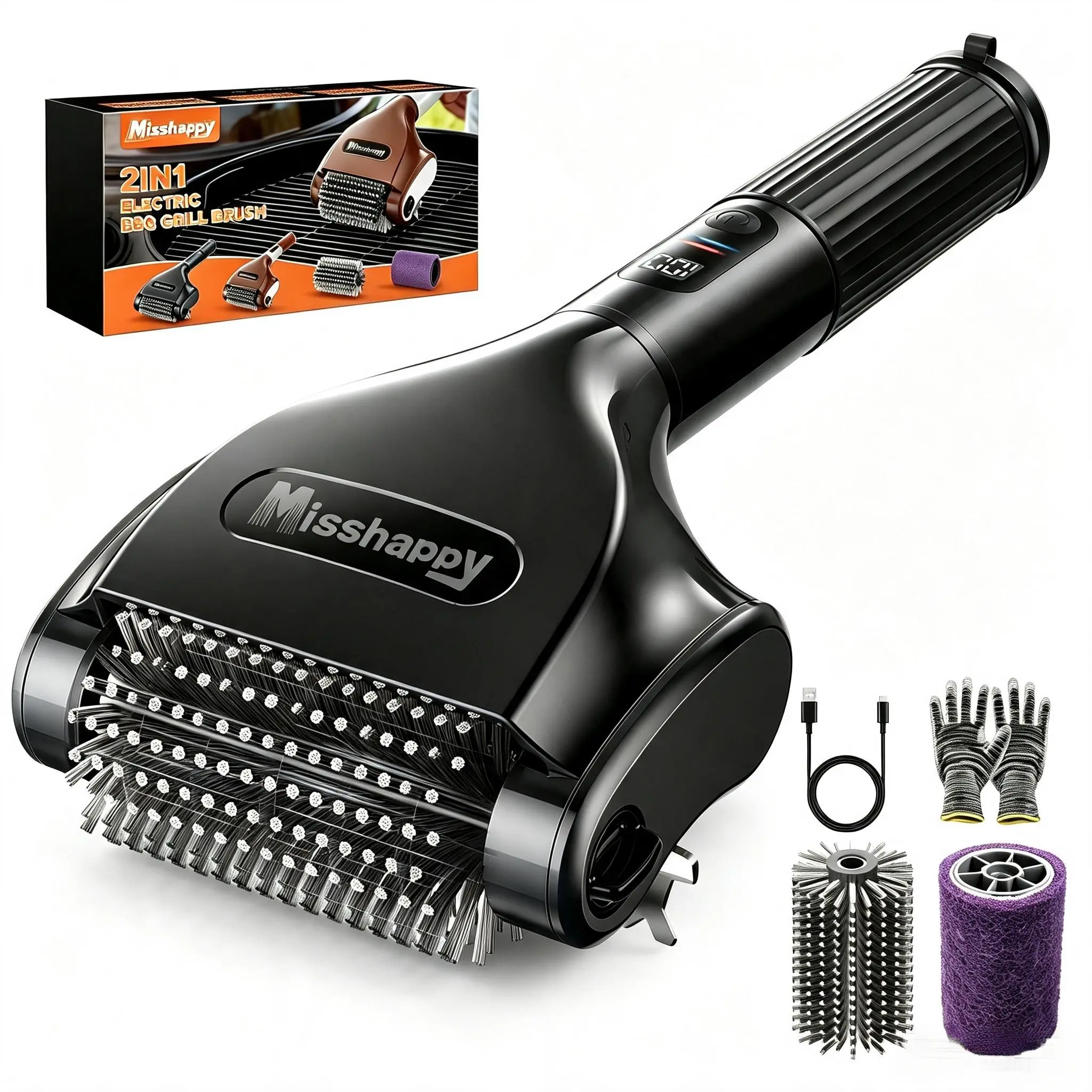 Mishhappy Cordless Electric Grill Brush, BBQ Grill Cleaner with LED Display, Dual Replaceable Brush Heads, 800RPM Dual-Speed Motor, 4000mAh Rechargeable Battery, 304 Stainless Steel Bristles, Waterproof Grill Cleaning Tool for Outdoor BBQ & Camping