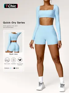 Women's Solid Long Sleeve Crop Tee & High Waist Shorts Tracksuit Set, Sporty Square Neck Top & Short Leggings for Yoga, Ladies Sportswear, Activewear Shorts Sets