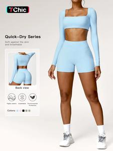 sporty women's solid long sleeve crop tee & high waist shorts set, sport square neck top & short leggings for yoga, athletic wear, gym wear, tracksuits for women, minimalistic outfit, workout clothes, gym sets for women, activewear