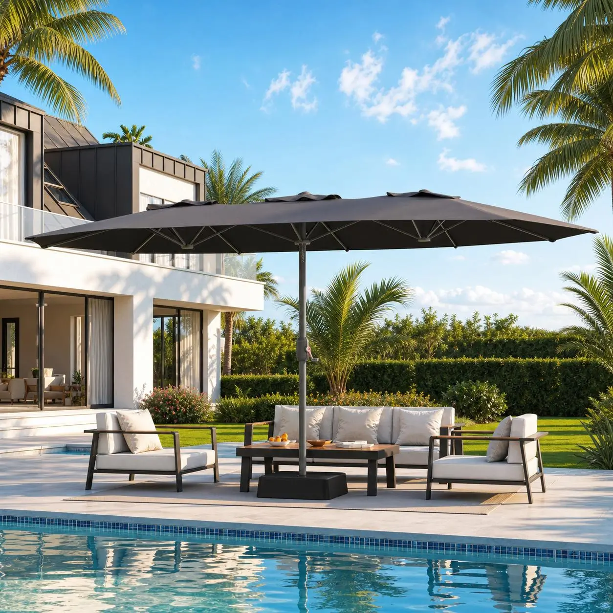 15 FT Double Sided Patio Umbrella with Base Included - Extra Wide Outdoor Twin Market Umbrella with Smooth Crank Handle for Backyard Garden Deck Pool