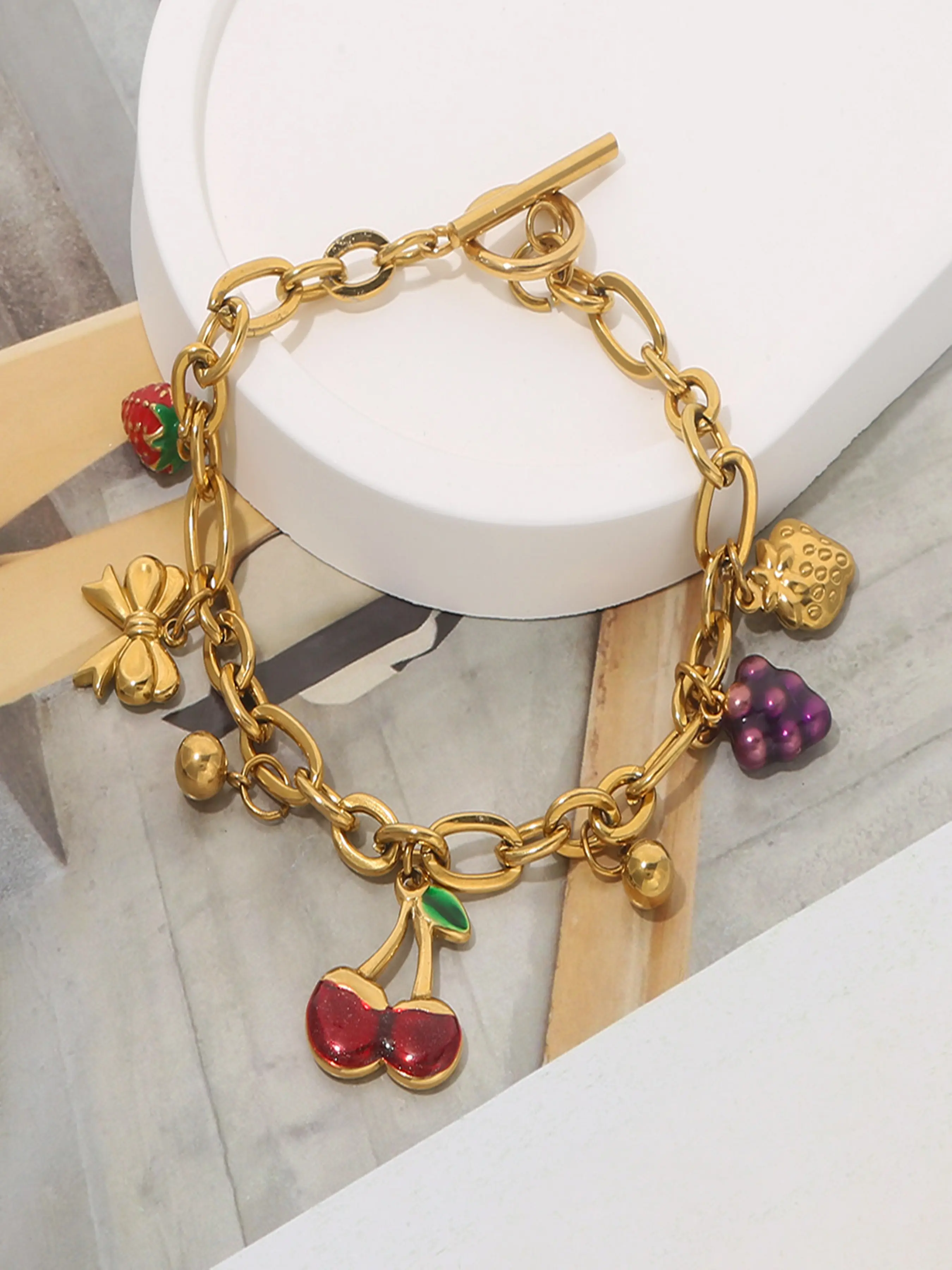 Sweet Cute Fruit Design Stainless Steel Bracelet, Strawberry Cherry Grape Pendant with Ot Clasp, Fashion Jewelry for Women
