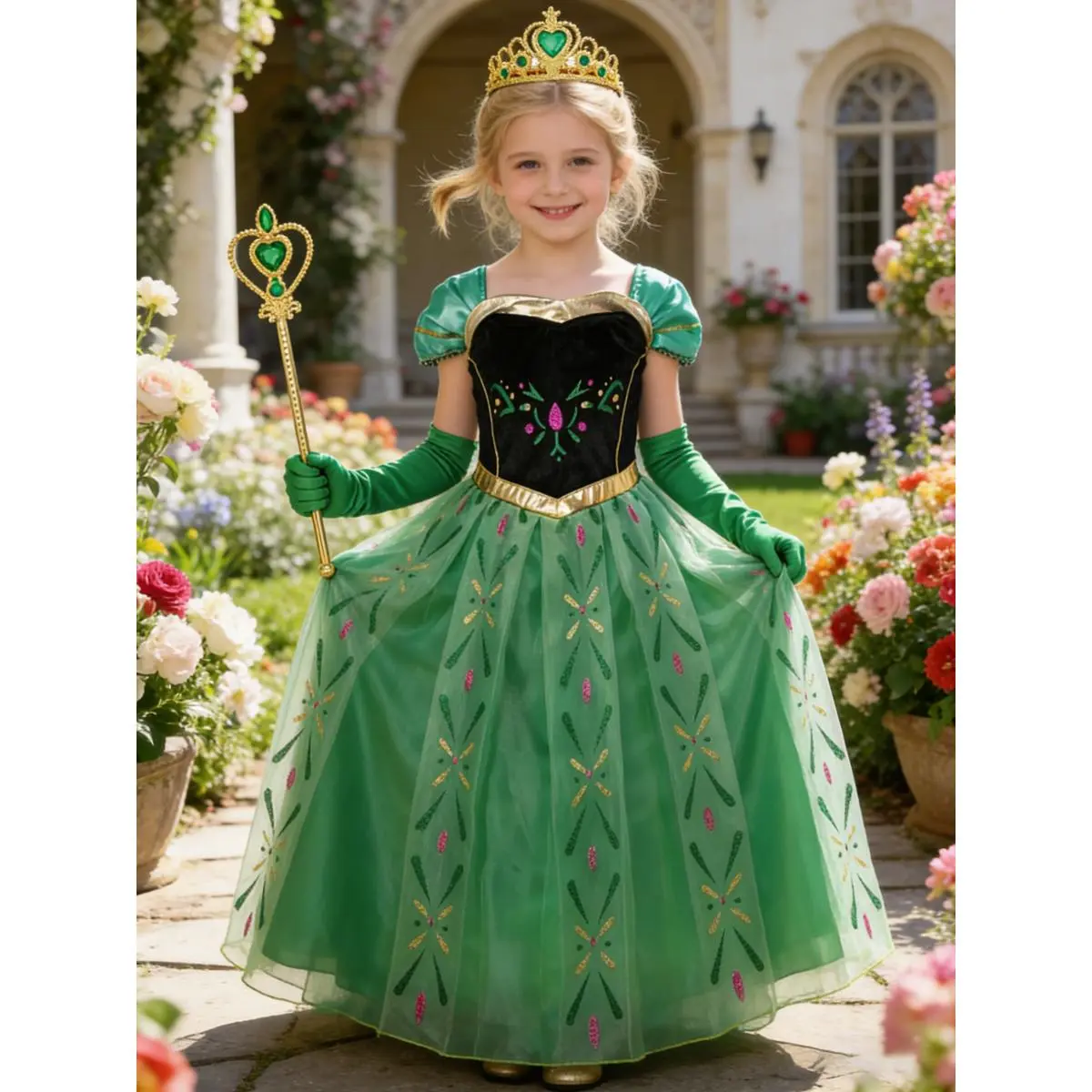 A Dress + 3 Accessories for Girls, Small Size, Mesh Digital Print Dress with Crown, Magic Wand, and Gloves Set, Children's Girls' Formal Dress, Girl's Dress, Girl's Evening Gown, Children's Girls' Wedding Dress, Suitable for Outings