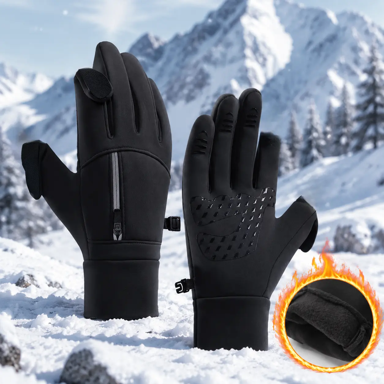 Unisex Winter Thermal Flip-Top Touchscreen Gloves, Fleece Lined Windproof Anti-Slip Cycling Gloves with Zipper Pocket & Anti-Loss Connector, Waterproof Durable Cold Weather Gloves for Hiking, Driving, and Outdoor Activities