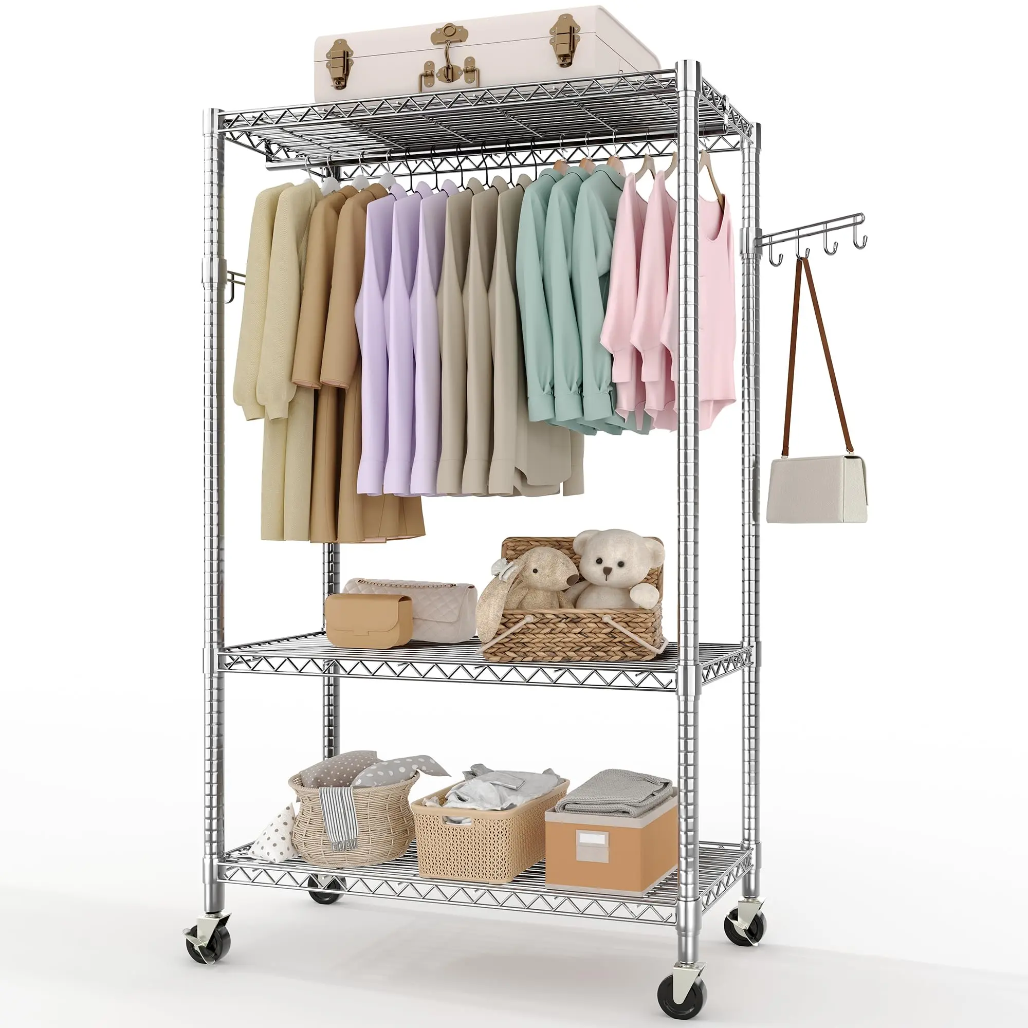 Garvee Heavy Duty 3-Tier Rolling Clothes Rack, Adjustable Shelves, Double Hanging Rods with Side Hooks, Freestanding Metal Wardrobe Organizer for Bedroom & Closet, Large Capacity, Black