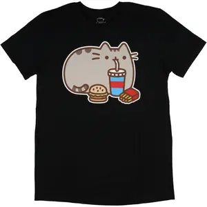 Pusheen The Cat Fast Food Adult T-Shirt Pusheen Fast Food Burger & Fries Graphic Tee Unisex Cute Kawaii Short Sleeve Crew Neck Casual Top