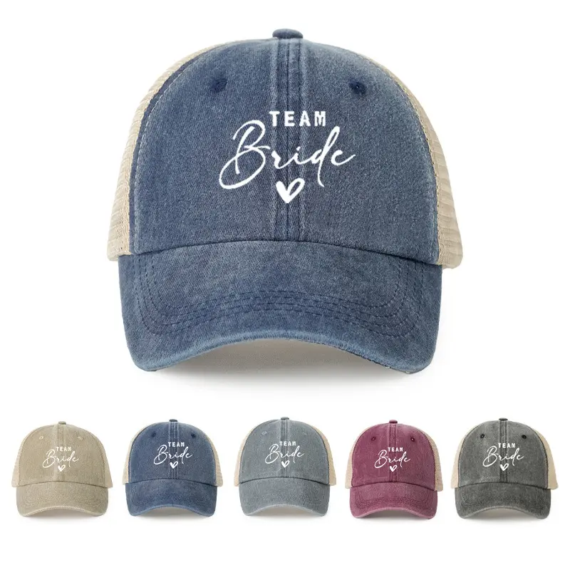 "TEAM Bride" Coquette Aesthetic Trucker Hat - Script Lettering Washed Denim Mesh Baseball Cap, Hair Bonnet, Visor Hat, Unisex Adjustable Snapback, Bridal Party Gift for Wedding Shower