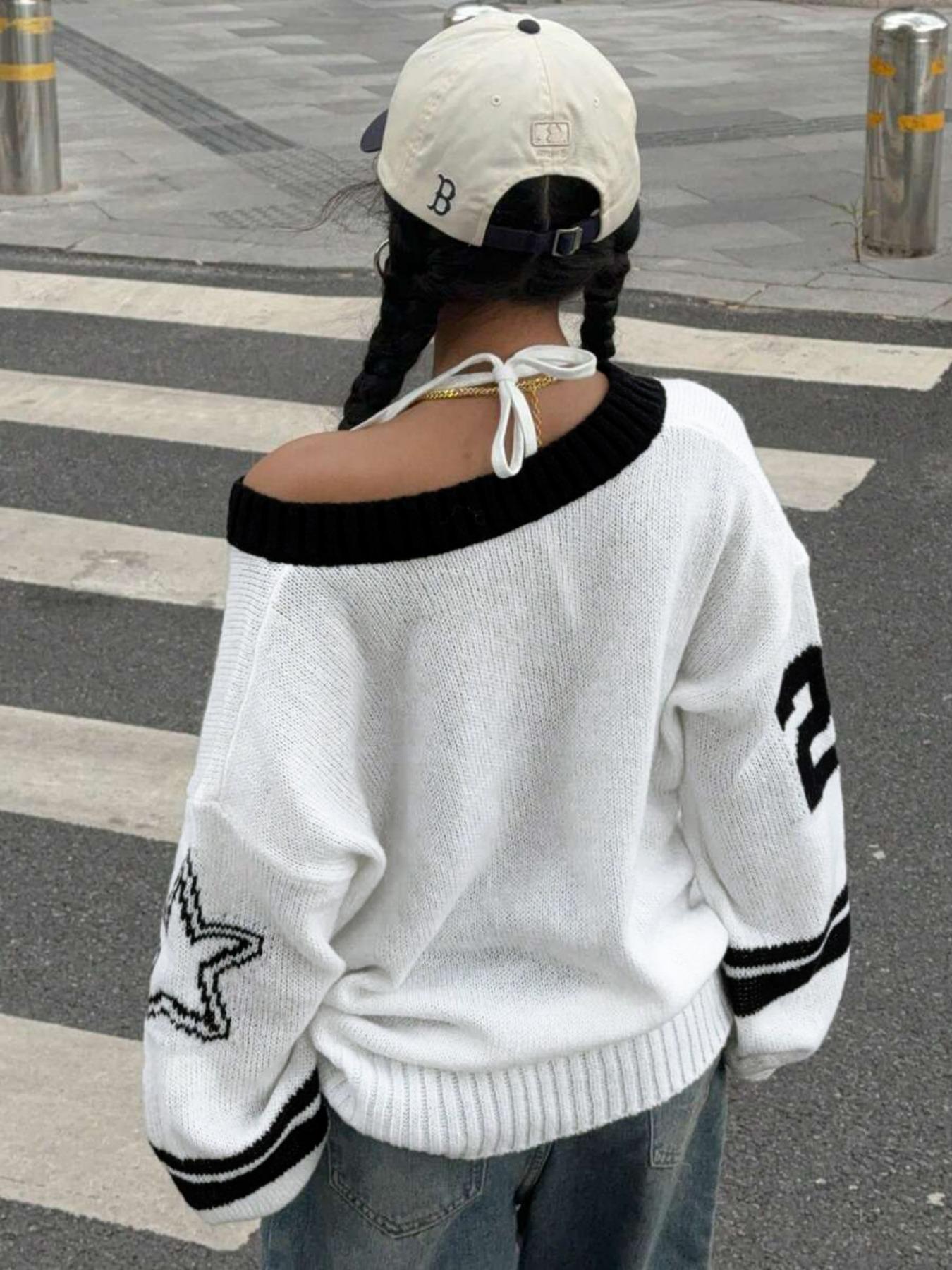 Unisex V-Neck Knit Pullover with Star and Number 23 Pattern, Casual Loose-Fitting Sweater for Spring & Fall, Comfortable and Stylish