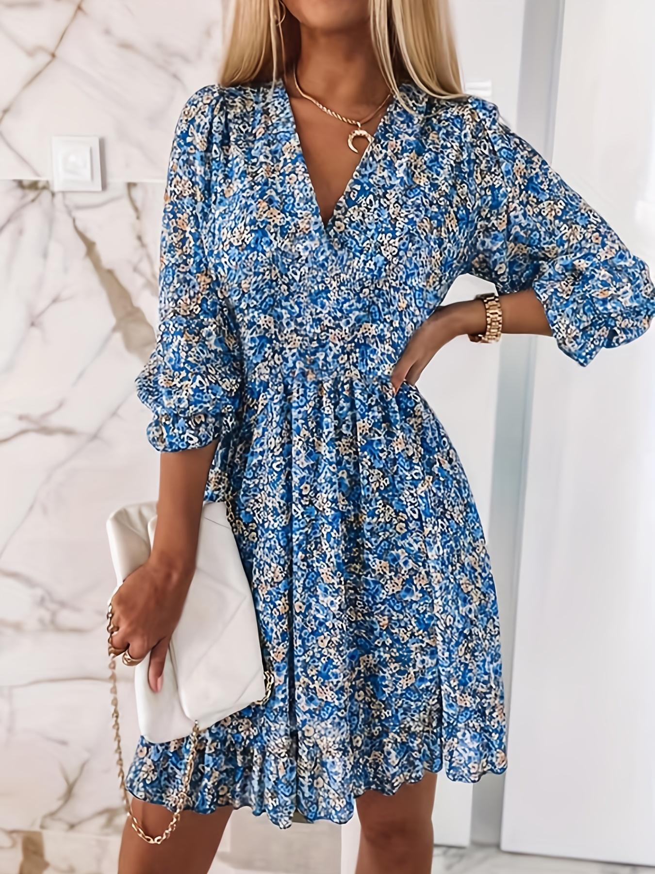 Women's Frenchy Casual Style Ditsy Floral Print Shirred Ruffle Hem Flounce Sleeve Dress, Boho V Neck A-Line Short Dress For Summer Party Holiday, Summer Outfits 2024, Women's Clothes