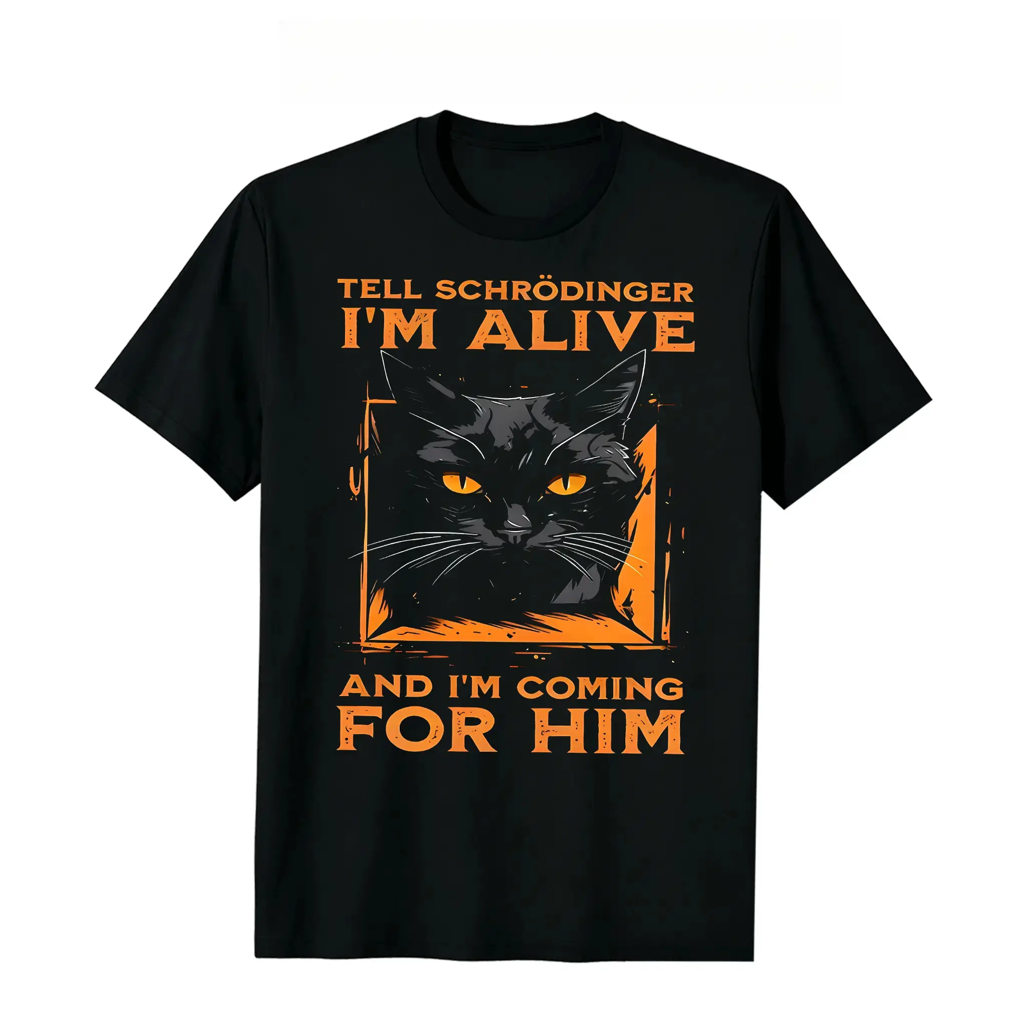 100% Cotton "Tell Schrödinger I'm Alive" Quantum Mechanics Meme Print Casual Crew Neck Men's T-Shirt Orange-Eyed Black Cat Pattern Men's Top Gift For Quantum Enthusiasts Halloween Party Novelty Shirt Fun T-Shirt For Friends Men's Clothing,Cute