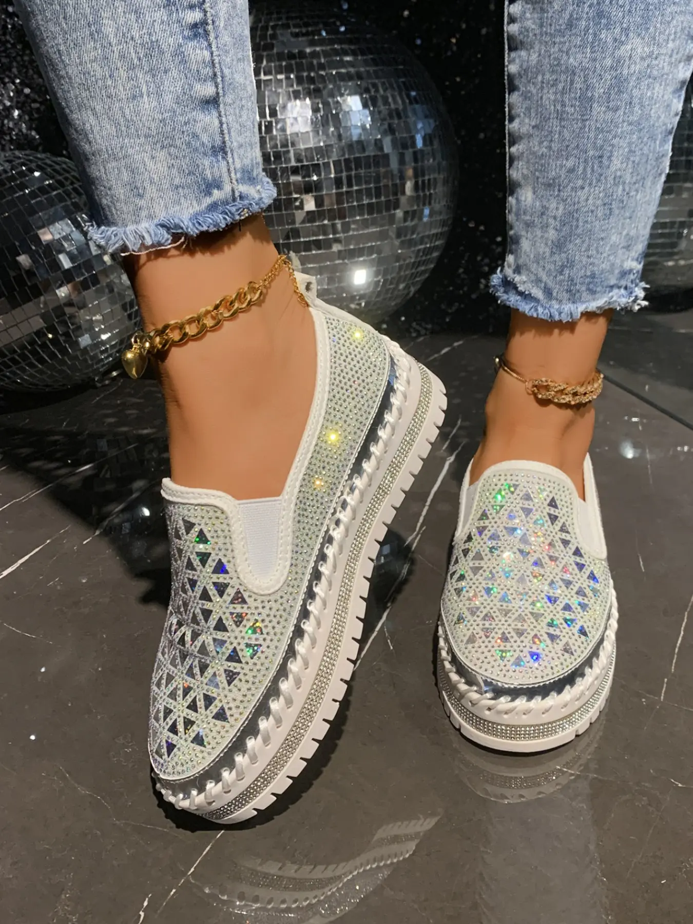 2026 Spring Autumn New Arrival Plus Size 35~44 Women's Loafers Rhinestone Sequined Platform Slip-On Trendy Shoes European Style Thick Sole Casual Shoes Footwear