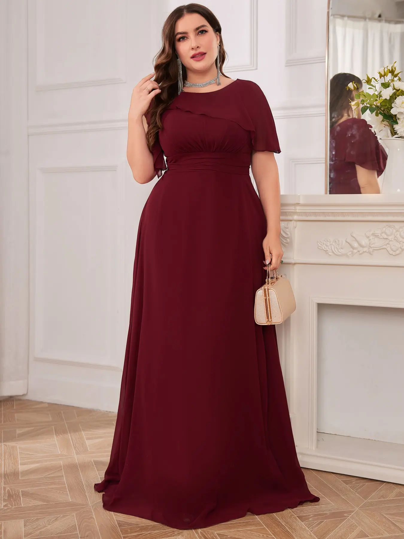 Unithorse Women’s Maxi Chiffon Dress, Elegant Plain Round Neck, Short Sleeve, Waist Cinched, All Seasons, Bridesmaid Gown