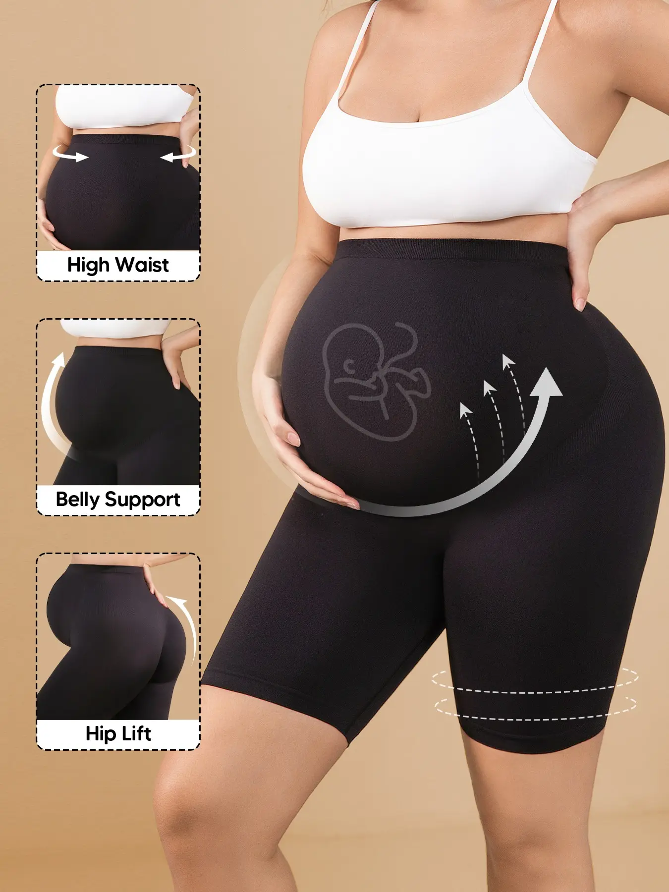 Comfortable High-Waist Back Support Stretchy Pregnancy Shorts, Ribbed Compression Pregnant Yoga Shorts, Breathable All-Day Wear Underwear, Maternity Wear