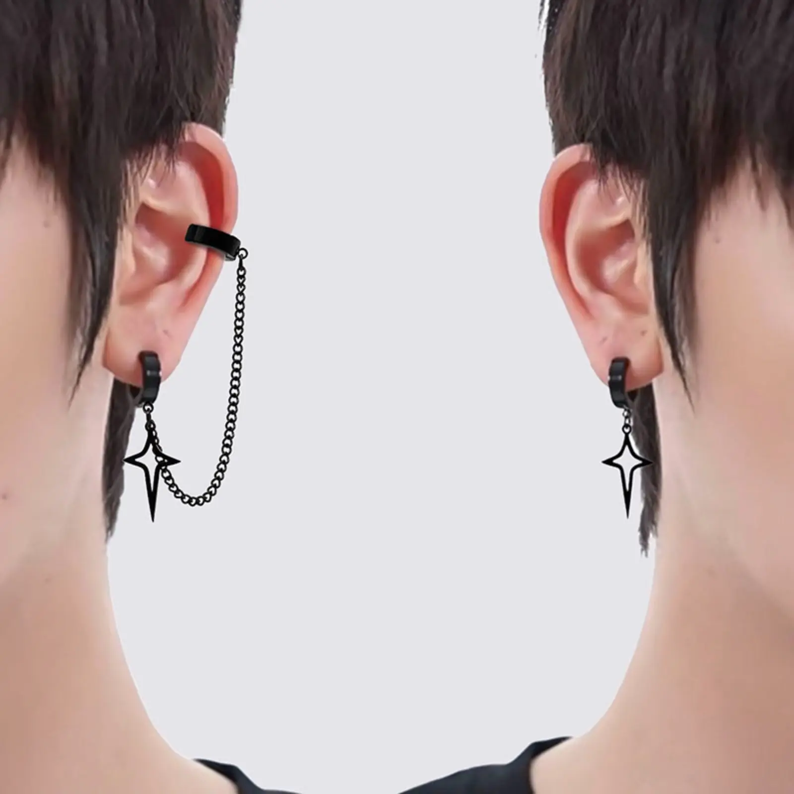 Punk Star Chain Hoop Earrings, Stainless Steel Double Piercing Link Tassel Ear Cuff, Gothic Y2K Non Pierced Jewelry for Men Women Hip Hop Club Party