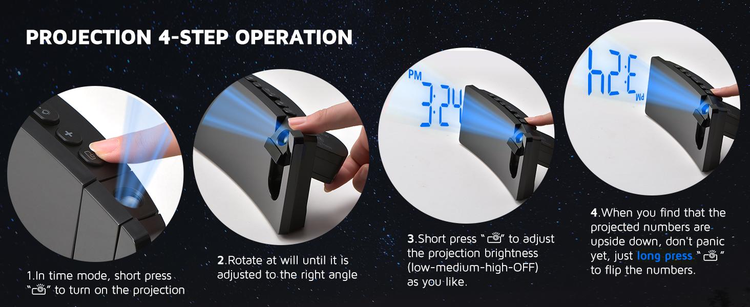 Projection Alarm Clock, Digital Clock with 180°   Rotatable Projector, 3-Level Brightness Dimmer, Clear LED Display, USB Charger, Progressive Volume, 9mins Snooze,12/24H, for Bedroom