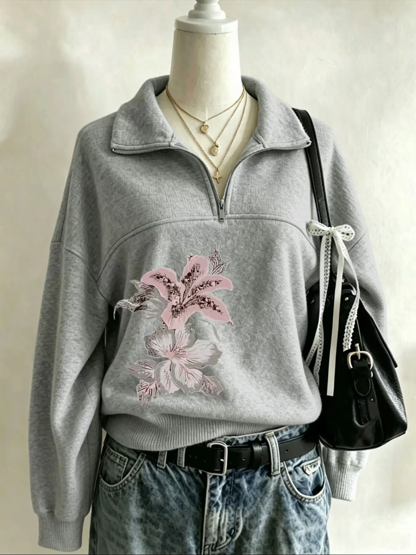 Soft Half-Zip Neck Sweatshirt, Elegant Lily Print, Adjustable Collar, Loose Fit, Spring & Fall, Korean Style, Comfortable Fabric