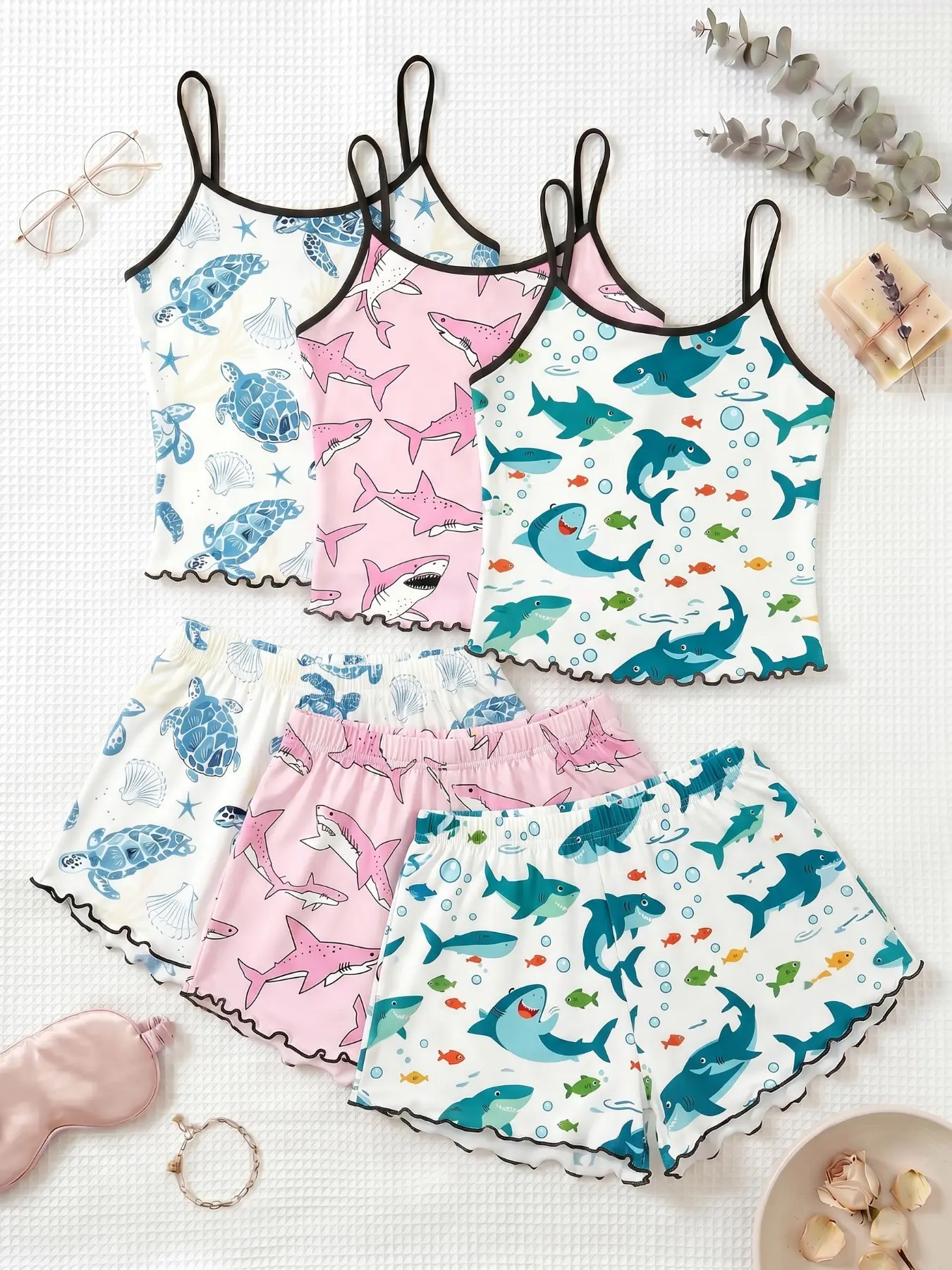 3-Piece Shark Turtle Print Pajama Set, Sleeveless Above Knee Sleepwear, Sweet Cool Girl Style, Breathable Home Wear, Summer Pjs