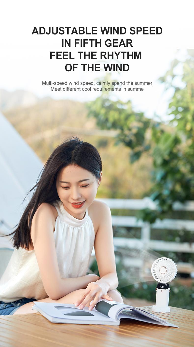 USB Handheld Mini Fan Foldable Portable Neck Hanging Fans 5 Speed USB Rechargeable Fan with Phone Stand and Display Screen turbofan summer small hand body