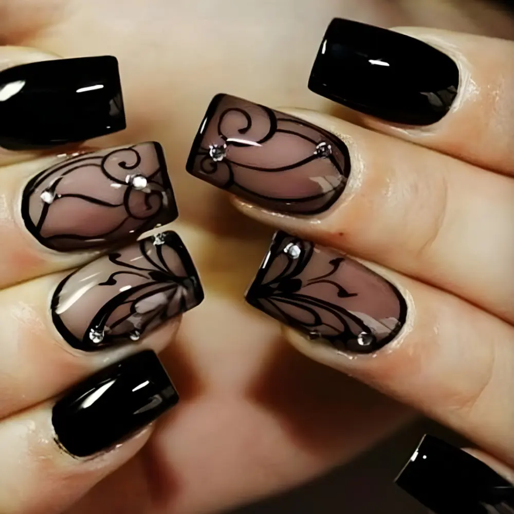 dz384-b7 Black Vine Gothic Ins Style Press On Nail Sets, Trendy False Nail Tips with Black Vine Jelly Glue, Dz384-B7 Black Vine Jelly Glue
