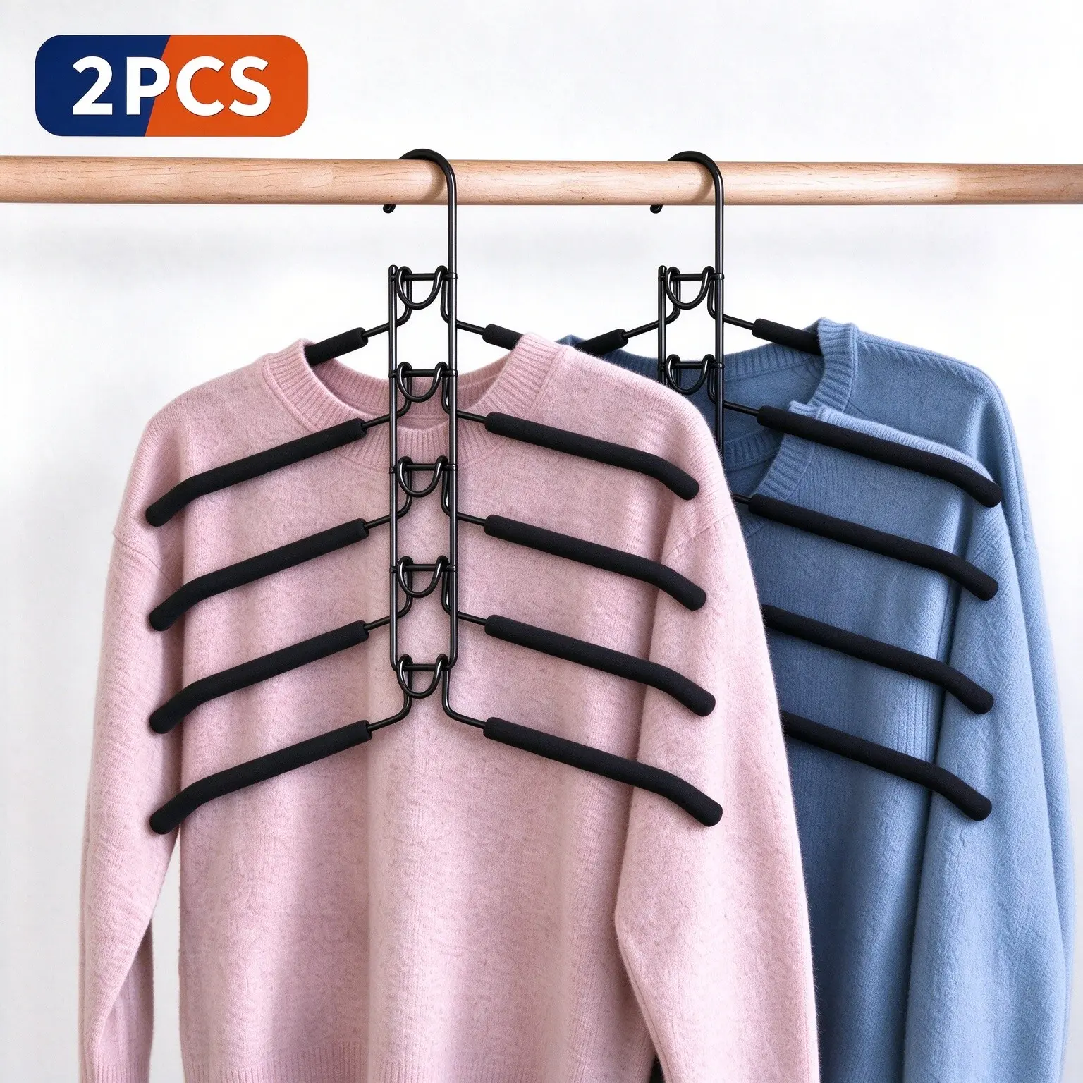 2 Pack 5 in 1 Detachable Anti Slip Metal Clothes Hangers Space Saving Stackable Multi Layer Garment Rack, Heavy Duty Closet Storage Organizer for Sweater Shirt Coat Suit Bedroom Wardrobe, Clothes Holder