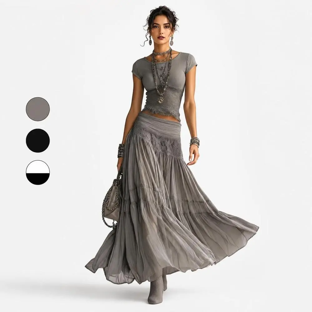 Women's Sporty Chic 2-Piece Sports & Outdoor Outfit - Fitted Shortsleeve Lace Detailing Top, Flowy Chiffon Fabric Skirt for Vacation Street Style, Lady