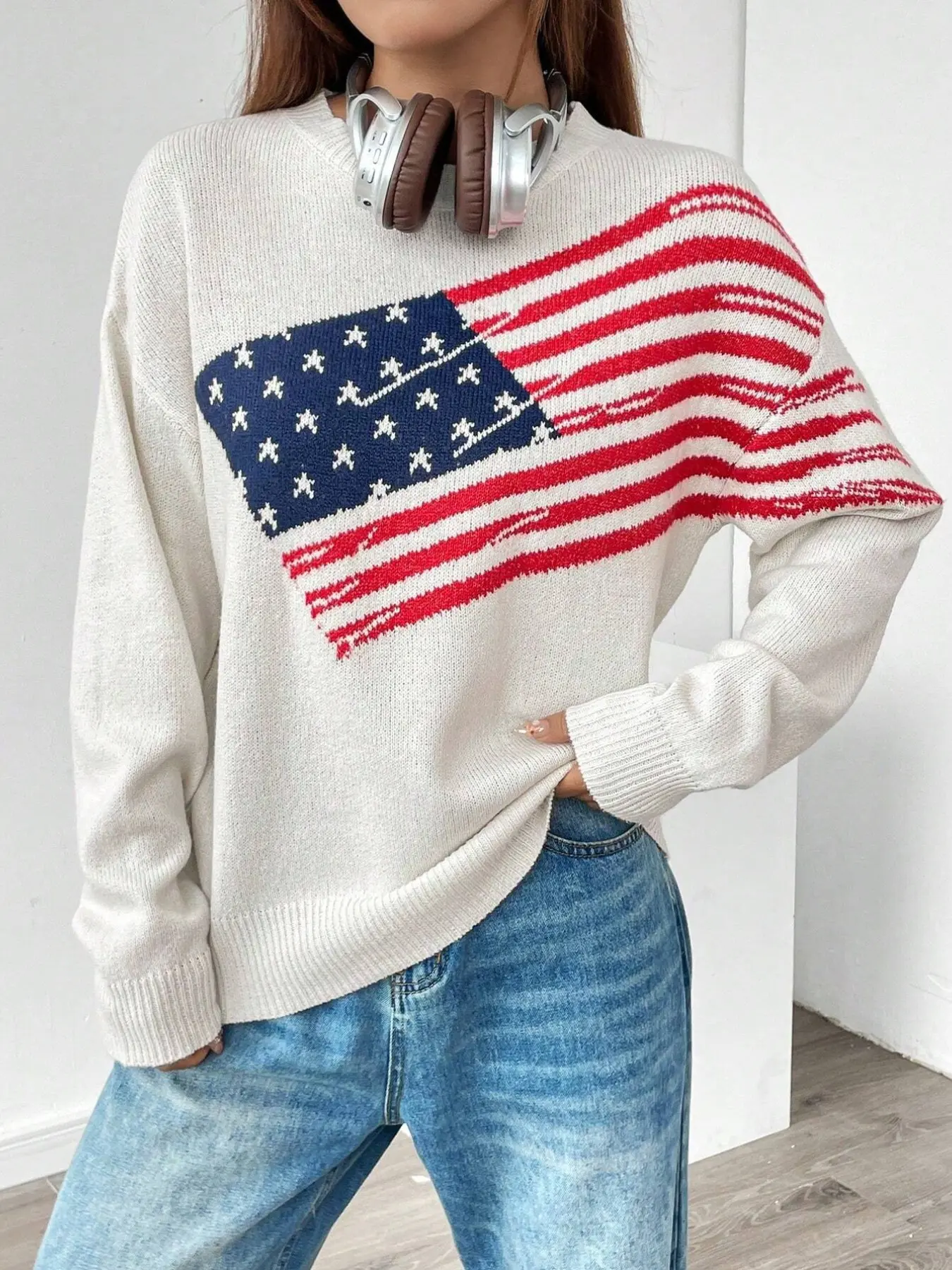 American Vintage Star Spangled Colorblock Jacquard Knit Sweater, Loose Fit Long Sleeve Streetwear Pullover, Casual Fashion Top
