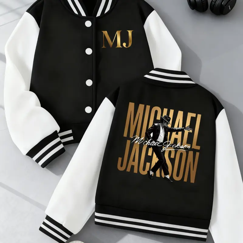 Michael Jackson Print Colorblock Baseball Jacket for MJ Fans, Loose Fit Unisex Retro Streetwear