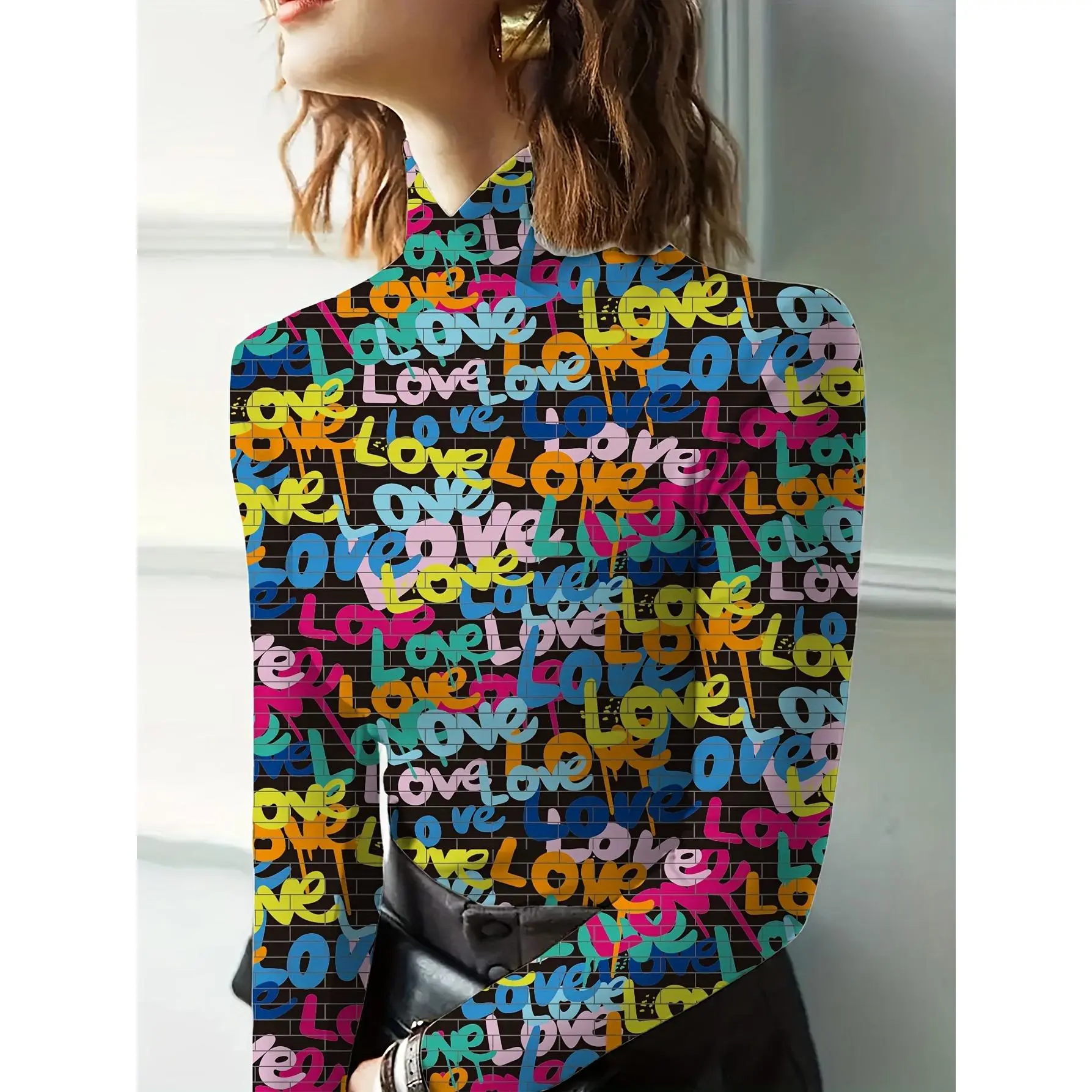 Women's Floral Print Long Sleeve T-Shirt with Qipao High Neck - Slim Fit All-Over Vibrant Floral Pattern Top, Machine Washable Casual to Dressy Blouse for All Seasons, Floral Print Blouse, Allseason Clothing, Nontransparent Fabric