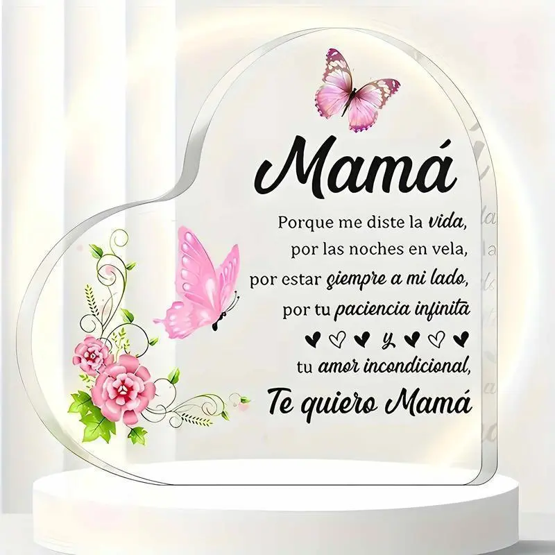 Flower & Butterfly Pattern Acrylic Heart Shaped Ornament, Heartfelt Acrylic Mom Gift, Creative Desktop Decoration for Home Office, Love Appreciation Ornament, Signs