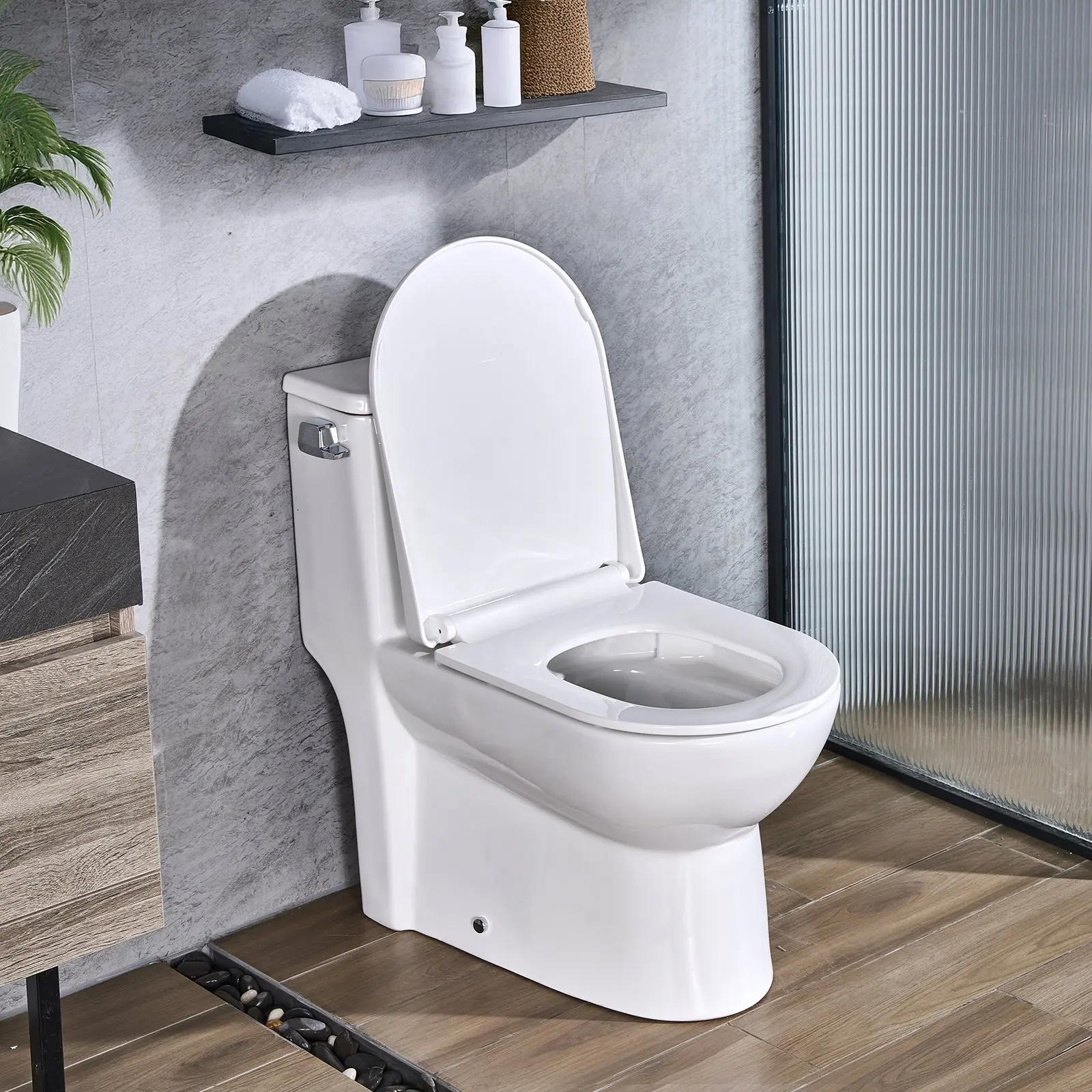 【DealsForYouDays】VEVOR One-Piece Toilet, Elongated Toilet Vortex Left Flush 1.28 GPF, Toilets for Bathroom with Comfortable Chair Seat, Standard Height, Easy-Clean Skirted Design, 12 inch Rough-In, White+ Silver