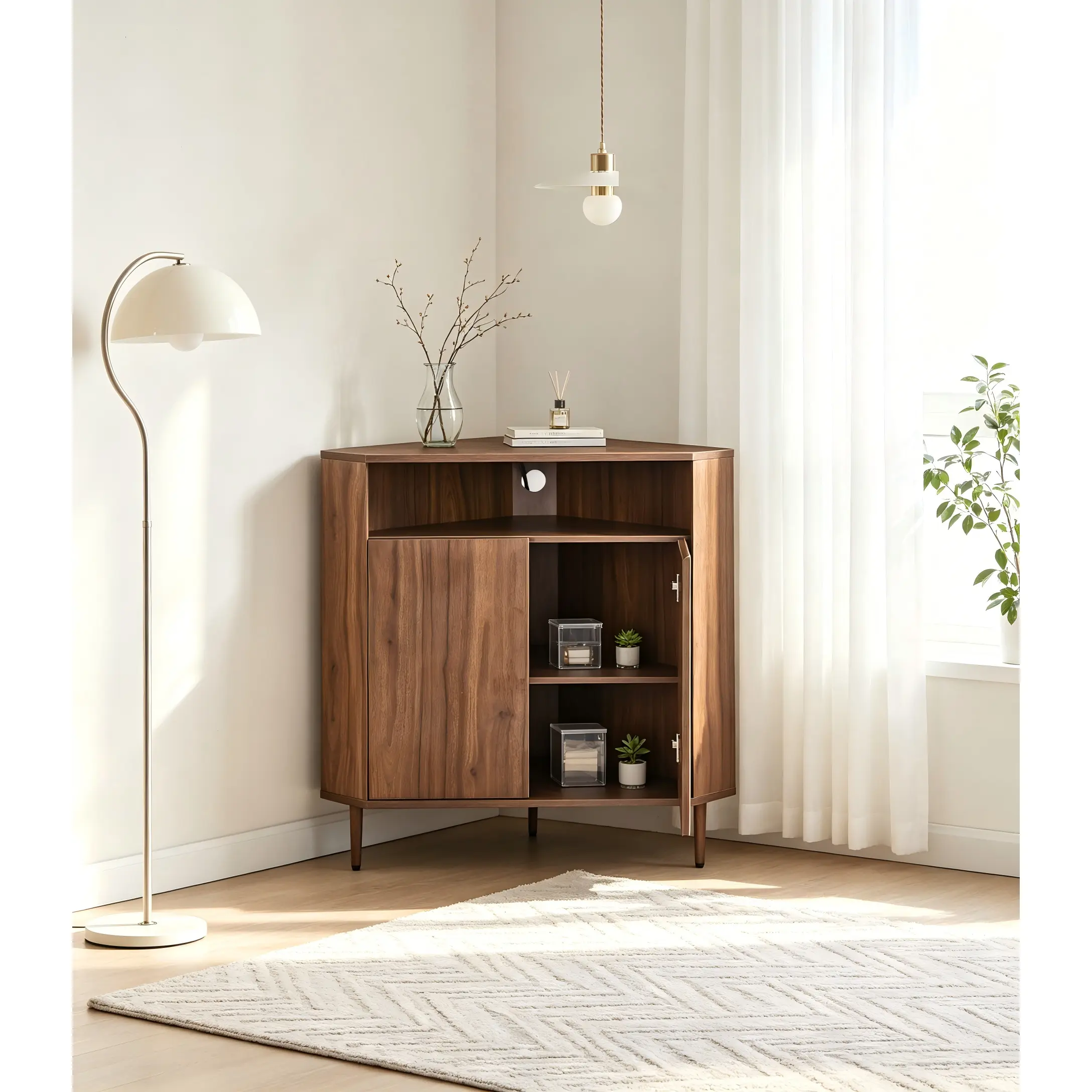ARCH Modern Narrow Wooden Corner Storage Cabinet with Open Shelves, 2 Doors & Double-Tier Shelving, Floor Corner Organizer with Built-in Power Strip, Small Space Furniture for Living Room, Dining Room, Bedroom, Home Office, Multiple Color Options