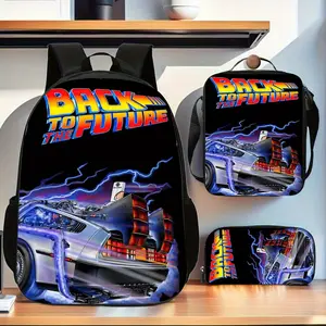 Back to the Future Time-Traveler Sports Car Lightning Night Scene Black Three-Piece School Bag Set, including a backpack, insulated lunch bag, and stationery storage bag, for daily use by teenagers