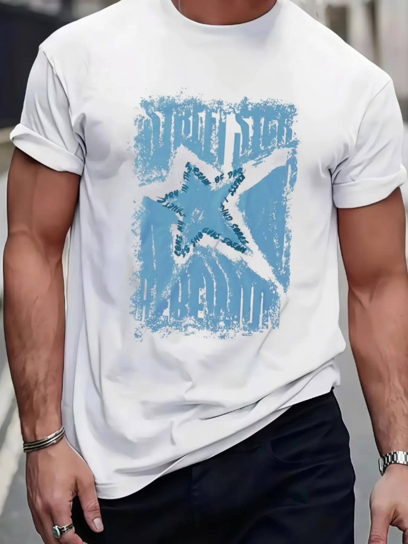 Vintage Worn Texture Mint Blue Five-Point Star Layered Street Graffiti Print American Retro Streetwear Men's Short Sleeve T-Shirt