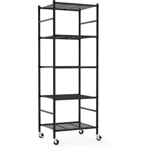 Sakugi Storage Shelves Organizer - 5 Tier Metal Shelf Organizer with Metal Wheels and Adjustable Leveling Feet, Heavy Duty Garage Shelving for Kitchen, Pantry and Closet, 18.1"x12.6"x58.7", Black