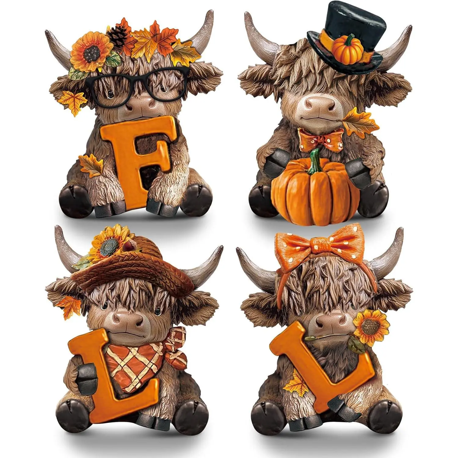Sosation 4-Piece Cartoon Decorative Highland Cow Figurines Set - Smooth Resin Farmhouse Fall Statues with Pumpkin, Maple Leaf, Gnome Accents - Gifts for Calf Lovers, Thanksgiving Home Table Decor