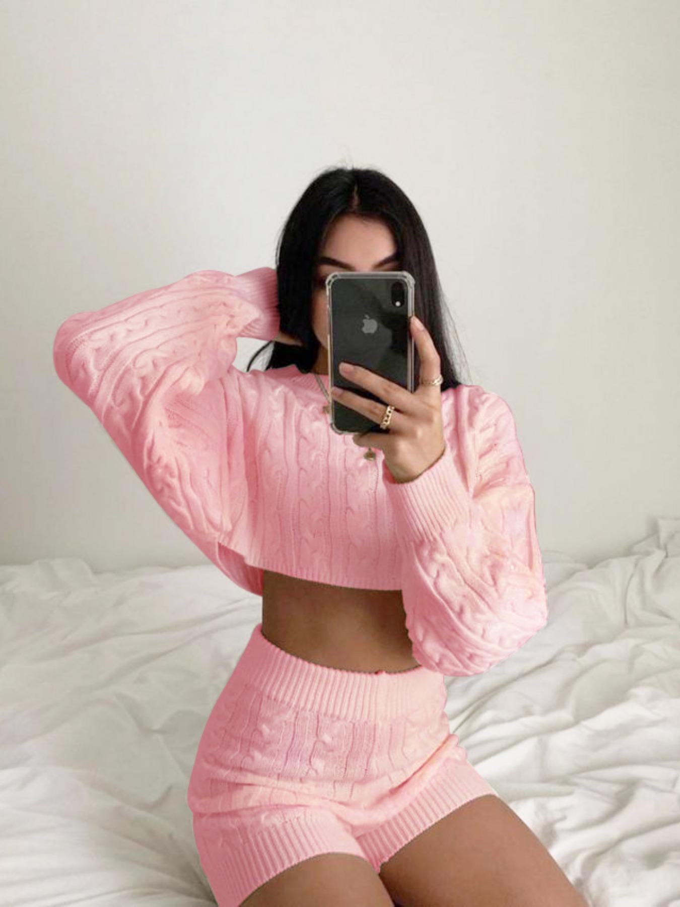 Women's 2 Pcs Sweater Set, Crew Neck Cable Knit Long Sleeve Knitted Crop Top & High Waist Shorts Set, Autumn/Winter Casual Fashion Cozy Chic Soft 2 Piece Sweater Set, Women Fall Outfit, Winter Loungewear Set, Cute Winter Knit Set, Fall Clothes for Women