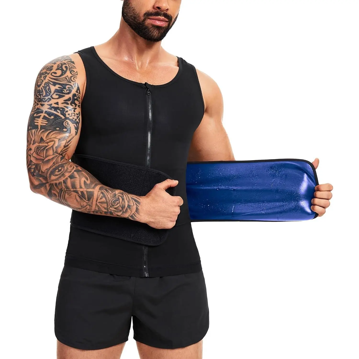 Sauna Vest Waist Trainer for Men Zipper Sweat Belt for Belly Fat - 2 in 1 Sweat Vest, Sweat-Boosting Body Shaper with Back Support, Tummy Control, Adjustable Velcro Belt for Gym Workout, Burn Calories
