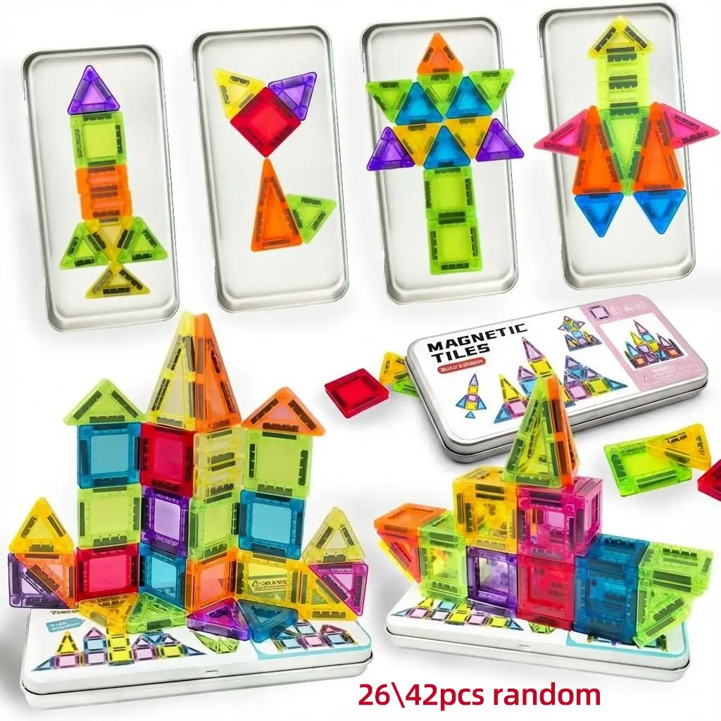 26/42 magnetic building blocks, Magnetic construction set, Magnetic tiles set, Building block sets, packed in a window tin box, suitable for STEM toys, educational puzzles, for children over 3, birthday and Easter gifts
