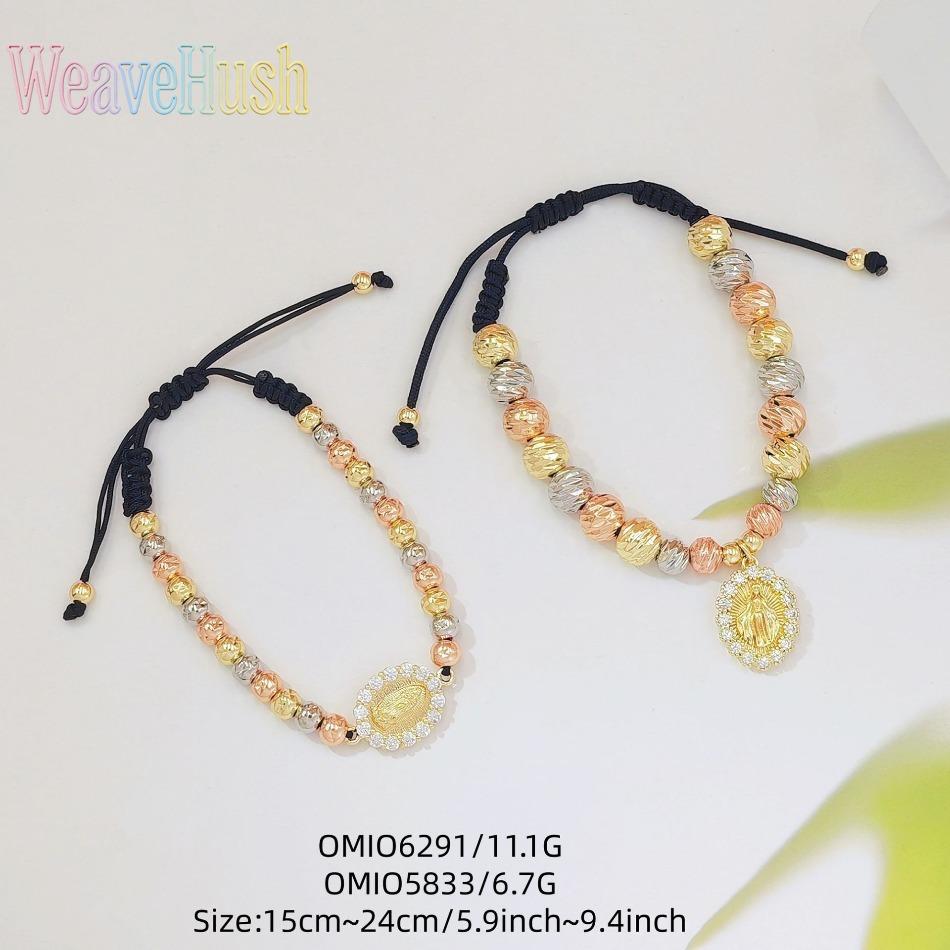 Tricolor Gold Virgin Mary Braided Bracelet, 18K Gold Plated Religious Beaded Adjustable Hand Rope, Catholic Faith Jewelry for Women, Vintage Inspired Spiritual Charm Bracelet, Perfect for Daily Wear, Prayer, Church & Sentimental Religious Gifting