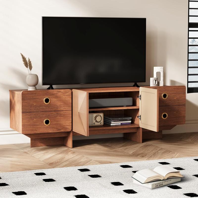 66" Fluted TV Stands for Living Room, Mid Century Modern TV Consoles for 75 inch TV, Entertainment Center with Storage, Media Console with Adjustment Shelf(Cherry)